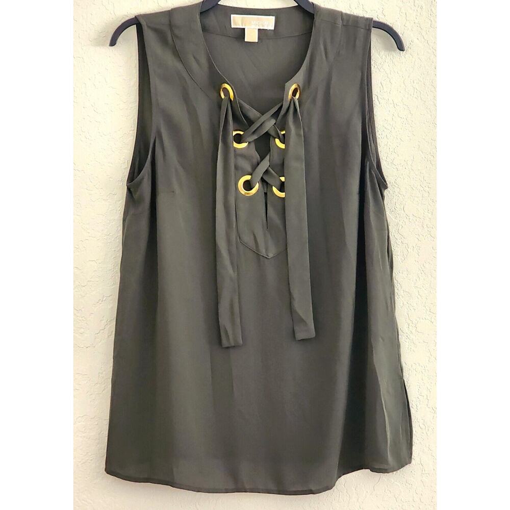 Top/Blouse-Michael Kors-Army Green-Sleeveless-Front Rivets and Tie-Size MED